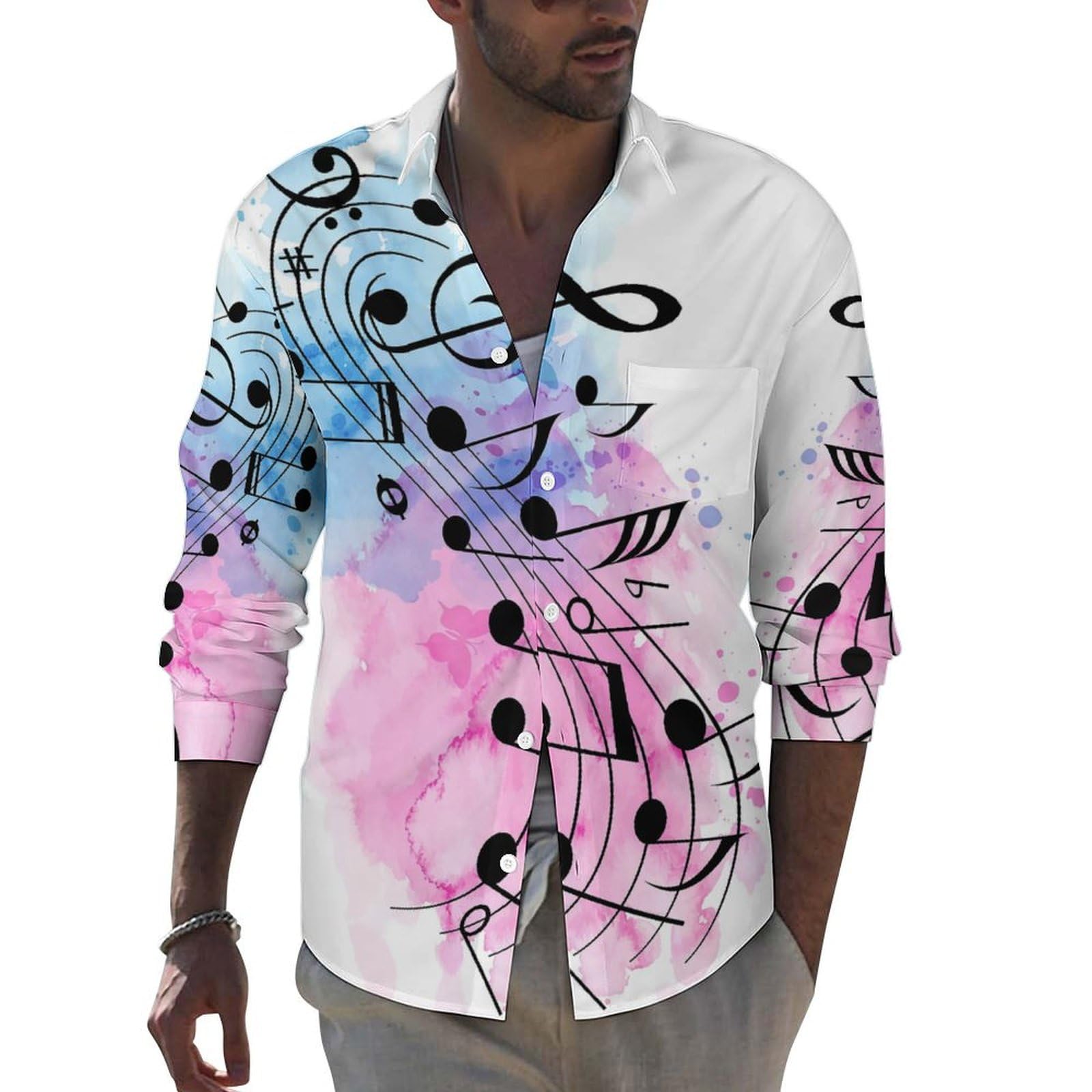 97.アルベロベロ 　　刺繍入りカラフル長袖シャツ Amazon.co.jp: ピアノ柄 音楽柄 音符柄 メンズ 長袖 シャツ ワイシャツ